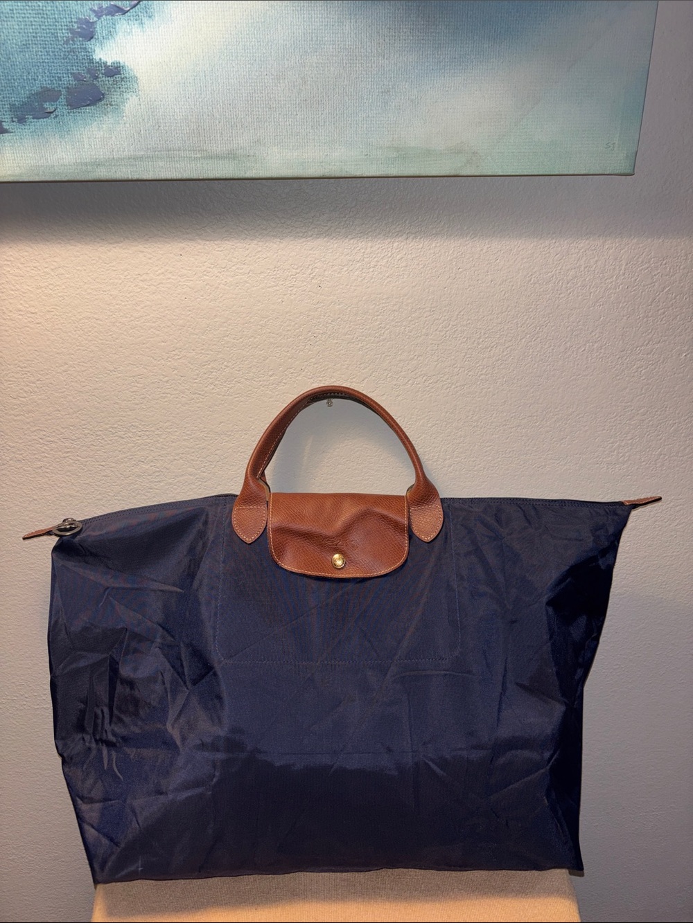 Longchamp Le Pliage XLarge Tote Travel Bag Handbag Foldable Leather Blue Nylon